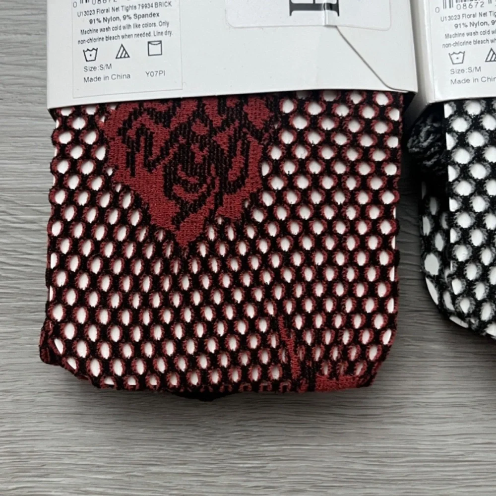 HUE Women's Tights Floral Net Fishnet S/M Steel-Grey & Brick-Red W/Black